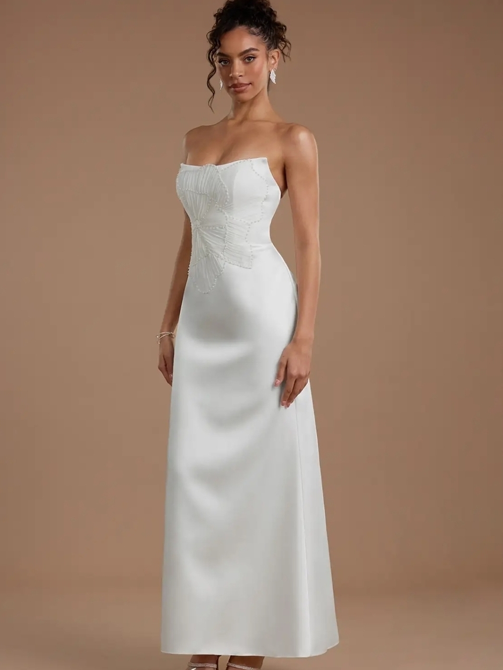 Azazie  Briony Ivory Strapless Beaded Column Gown with flower detail size 14 nwt